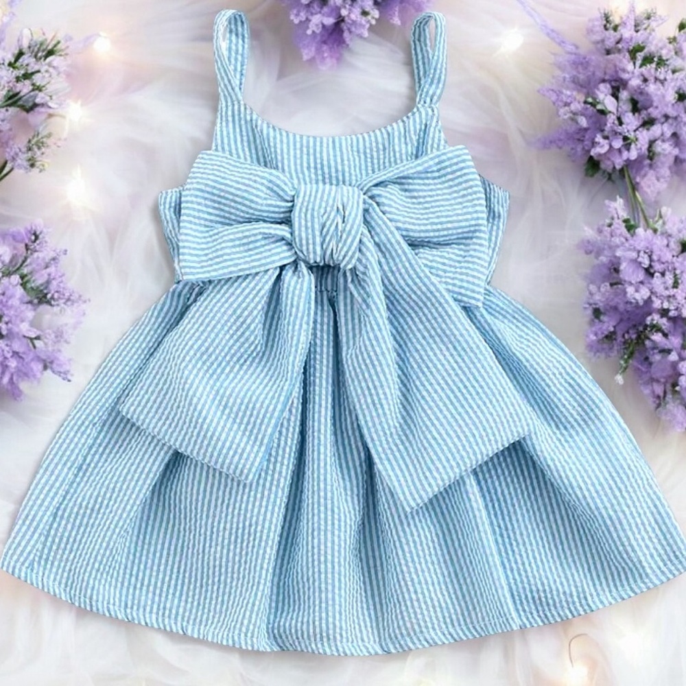 💞🦋Blue Striped Girls Dress with Bow🦋💞